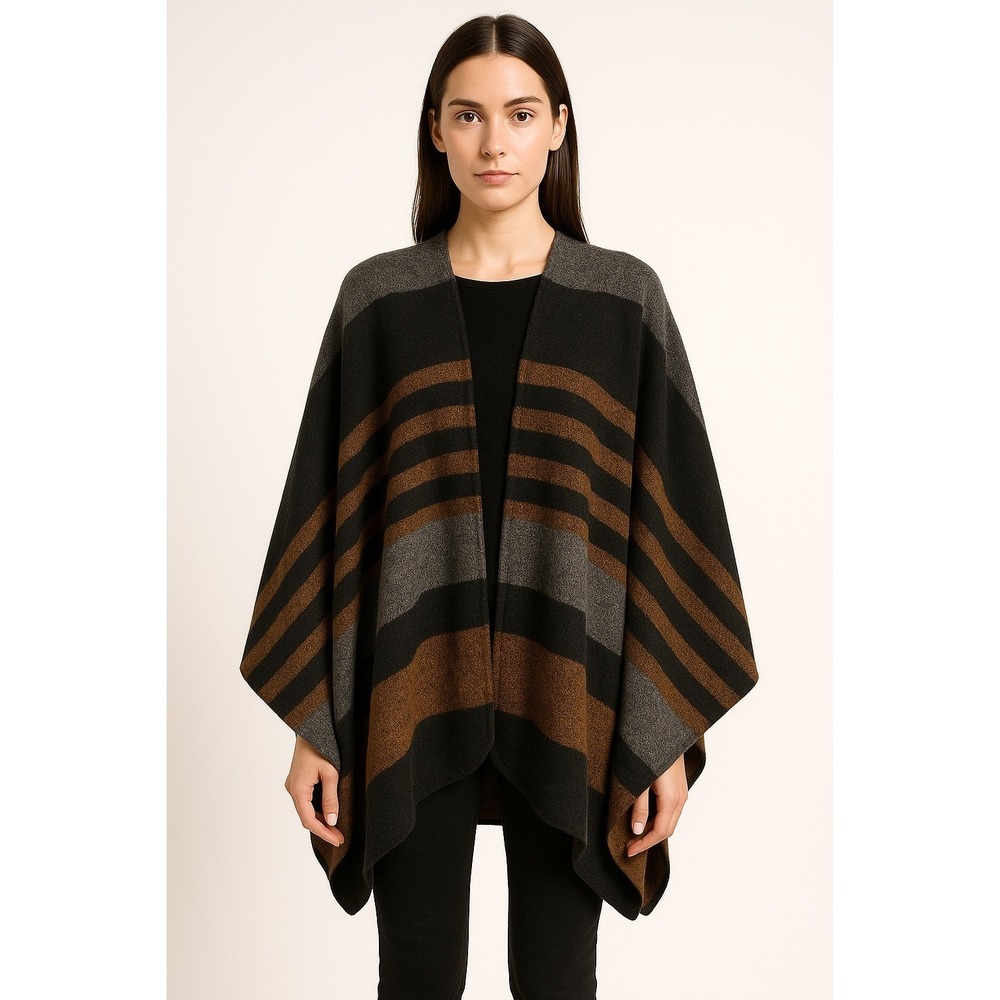 ZARA Accessories Women's Oversized Striped Poncho Wrap Cape Black Grey Brown M